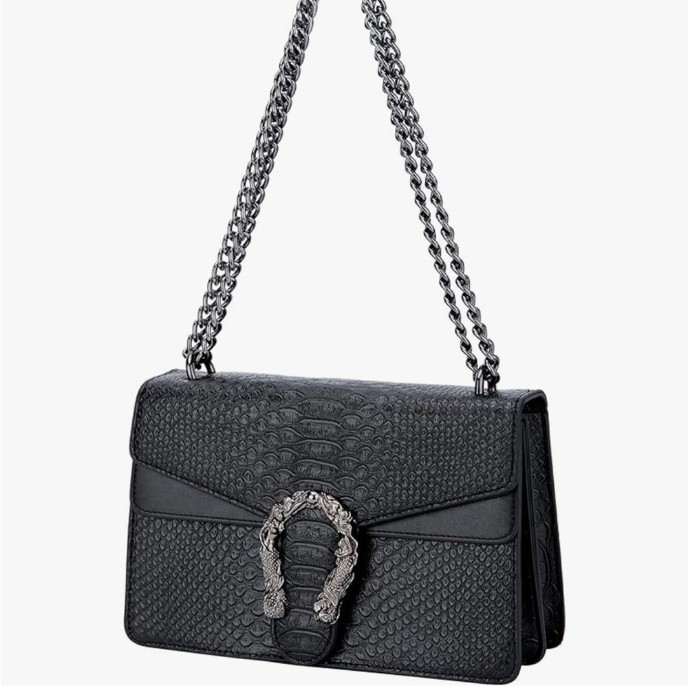 NWOT black leather chain bag with embellished buckle